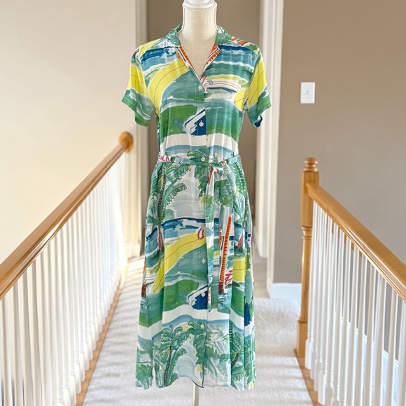 Aloha Blossom Shirt Dress Summer Time Green Surfboard Pattern Tie Waist